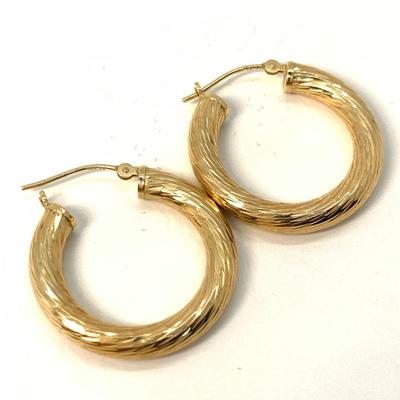 2.0g  14k “ Eterna Gold” Brushed yellow Gold Pierced Hoop Earrings