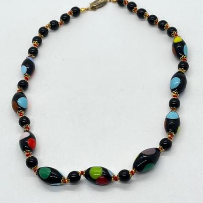LOT 81: Murano Glass Black with Polka Dots Necklace (17-1/2