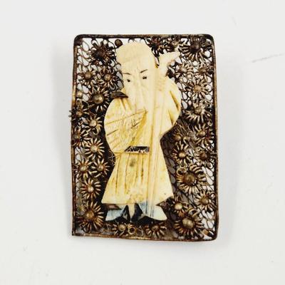 ANTIQUE STERLING & IVORY CHINESE GOD PIN