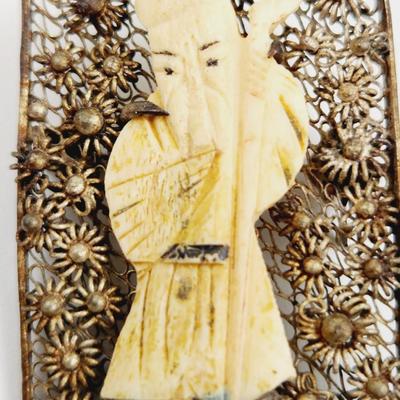 ANTIQUE STERLING & IVORY CHINESE GOD PIN