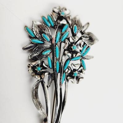 VINTAGE SILVER TONED & TURQUOISE FLOWER BOUQUET BROOCH