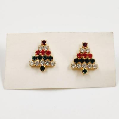 CUTE VINTAGE FAUX RHINESTONE CHRISTMAS TREE EARRINGS