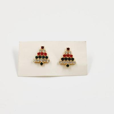 CUTE VINTAGE FAUX RHINESTONE CHRISTMAS TREE EARRINGS