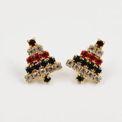 CUTE VINTAGE FAUX RHINESTONE CHRISTMAS TREE EARRINGS