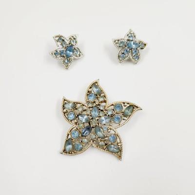 SARAH COVENTRY BLUE & SILVER TONED BROOCH & EARRING SET
