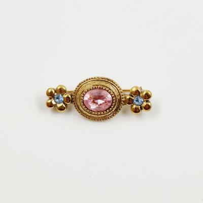 BEAUTIFUL VINTAGE GOLD TONED, PINK & BLUE STONES BROOCH