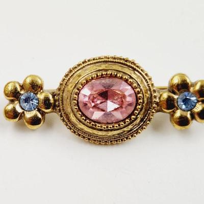 BEAUTIFUL VINTAGE GOLD TONED, PINK & BLUE STONES BROOCH