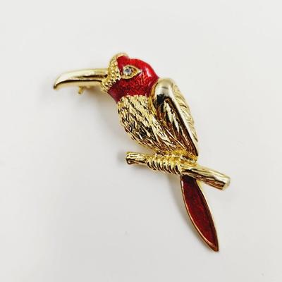 TOUCAN RED & GOLD TONED BROOCH - PIN