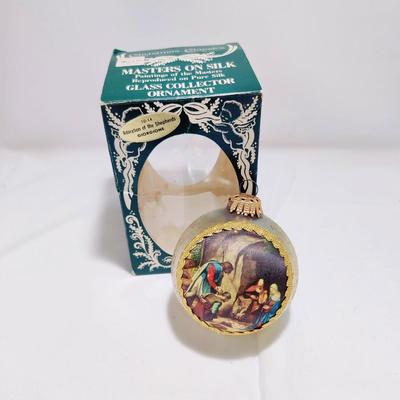 VINTAGE KREBBS MASTERS ON SILK "ADORATION OF THE SHEPHERDS" GLASS ORNAMENT