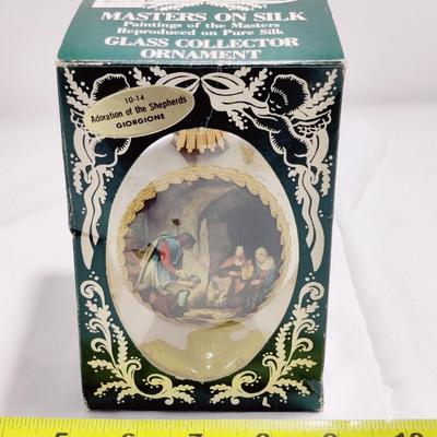 VINTAGE KREBBS MASTERS ON SILK "ADORATION OF THE SHEPHERDS" GLASS ORNAMENT