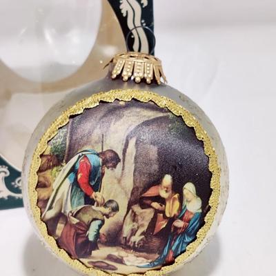 VINTAGE KREBBS MASTERS ON SILK "ADORATION OF THE SHEPHERDS" GLASS ORNAMENT