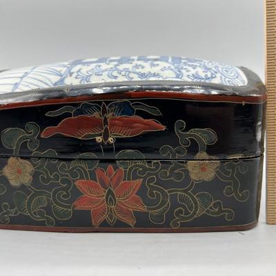 Vintage Chinese Lacquered Wood Porcelain Painted Floral Trinket Box