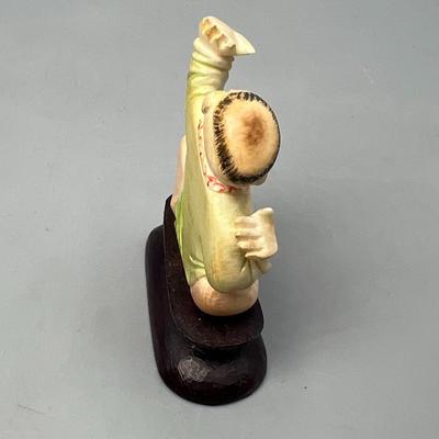 Vintage Oriental Child Small Figurine with Wooden Stand