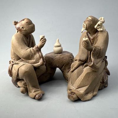 Vintage Mudmen Clay Oriental Drinking Tea Men Miniature Bonsai Figurine