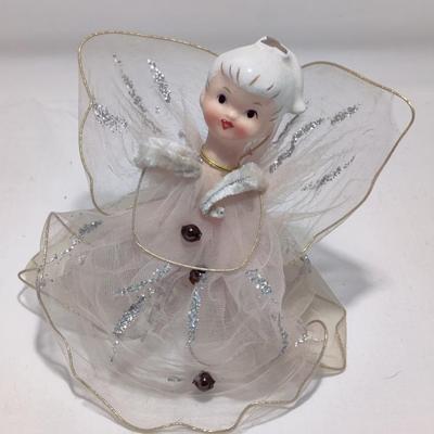 VINTAGE CHRISTMAS ANGEL ORNAMENT WITH PORCELAIN HEAD W/ TULLE NETTING