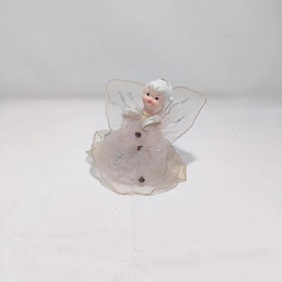 VINTAGE CHRISTMAS ANGEL ORNAMENT WITH PORCELAIN HEAD W/ TULLE NETTING