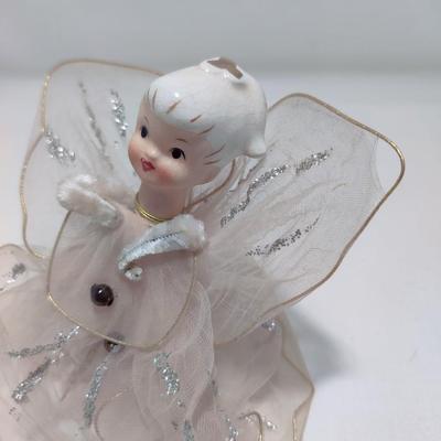 VINTAGE CHRISTMAS ANGEL ORNAMENT WITH PORCELAIN HEAD W/ TULLE NETTING