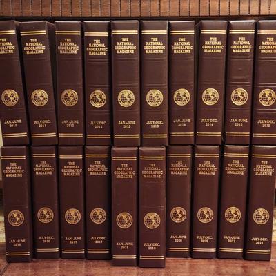 Lot of National Geographic Magazines in Leather slip cases 2012 - 2021 partial. See description.
