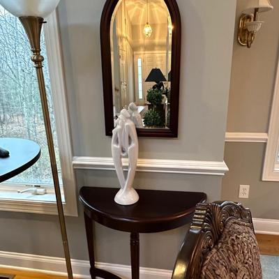 Demilune wood table and matching mirror