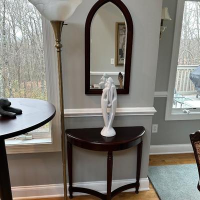 Demilune wood table and matching mirror