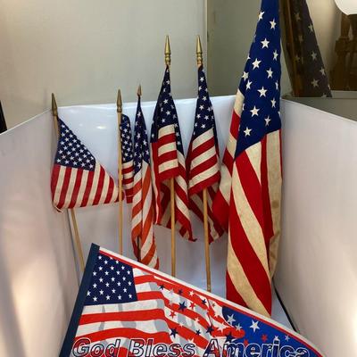Vintage American Flag Lot - Various sizes on Wood Sticks and a Pennant Style