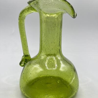 Retro Green Glass Mid Century Modern Small Oil Pitcher