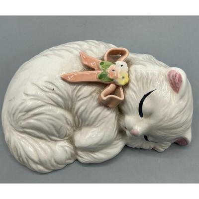 Vintage Artistic Gifts Buena Park White Ceramic Sleeping Cat with Pink Bow Figurine