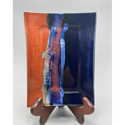 Mid-Century Modern Style Decorative Ceramic Art Colorful Glazing Signed Rectangle Display Plate