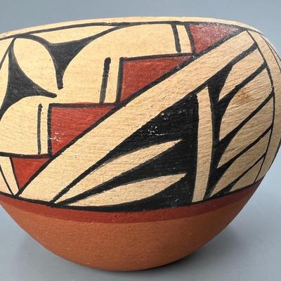 Vintage Native American Style Pueblo Hand Painted & Signed Folk Art Pottery Bowl