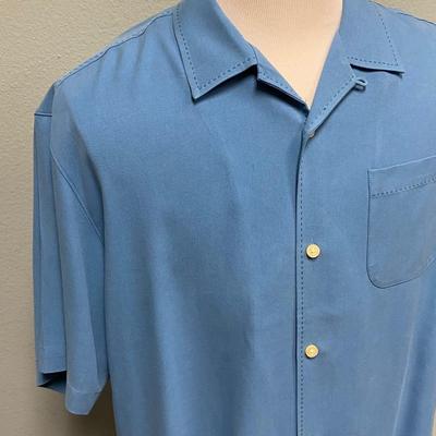 Men's Muted Blue Silk Tommy Bahama Original Fit Button Front Bowling Shirt Large