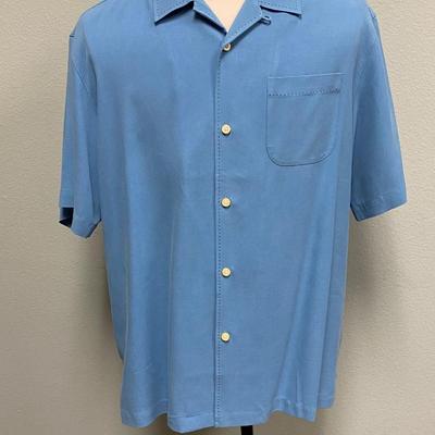 Men's Muted Blue Silk Tommy Bahama Original Fit Button Front Bowling Shirt Large