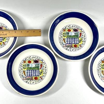 Set of four painted fruit and vegetable print navy blue rimmed 8” dinner plates