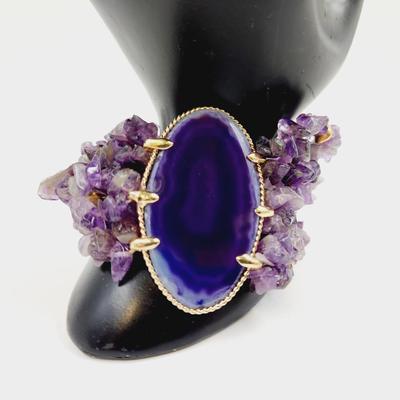 ABSOLUTELY STUNNING AUTHENTIC AMETHYST & GOLD TONED STRETCH BRACELET