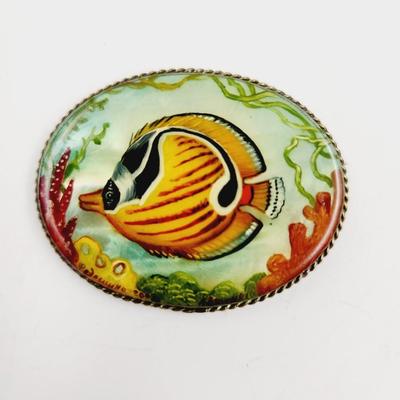VINTAGE SHELL HANDPAINTED TROPICAL FISH ART BROOCH