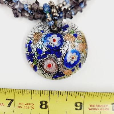 ABSOLUTELY STUNNING ART GLASS PENDANT W/ AUTHENTIC CHIPPED STONE NECKLACE