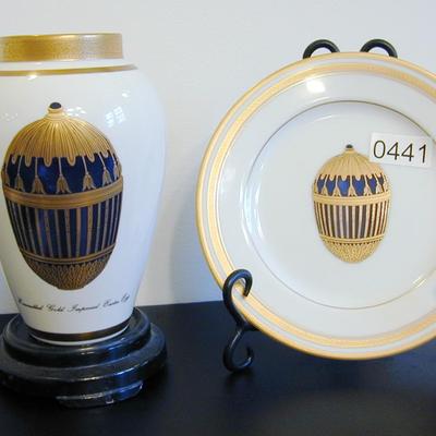 Faberge Porcelain Enameled Gilt Gold Egg Vase & Plate Lot 441