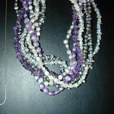 Sterling Ball Bead Necklace Mexico & Freshwater Pearl Amethyst Bead Necklace (85g) ++ Lot 408