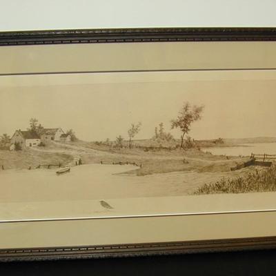 Framed Etching Country Scene Side Boat Barns With Bird Remarque Lot 398