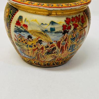 Vintage Japanese Geisha Fishbowl Planter with Gold Trim