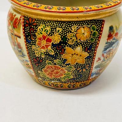 Vintage Japanese Geisha Fishbowl Planter with Gold Trim
