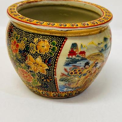 Vintage Japanese Geisha Fishbowl Planter with Gold Trim