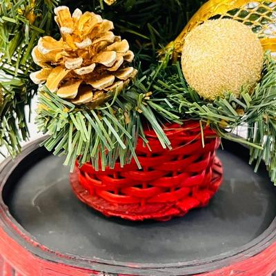 Christmas Tree in Wicker Basket and Red Basket