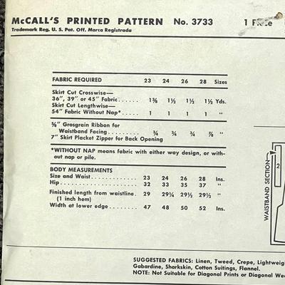 McCallâ€™s Missesâ€™ One Yard, One Pattern Piece Skirt No. 3733 waist 24 hip 33 1956