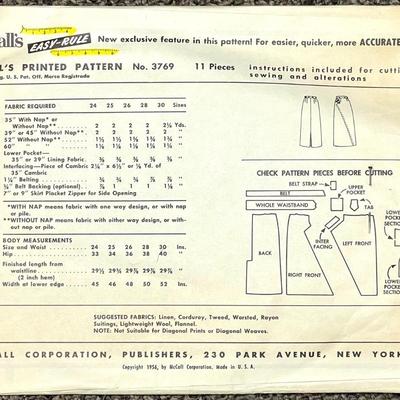 McCallâ€™s Missesâ€™ Skirt No. 3769 waist 28 1956