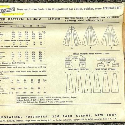 McCallâ€™s Missesâ€™ Umbrella Skirt No. 3510 waist 24 1955