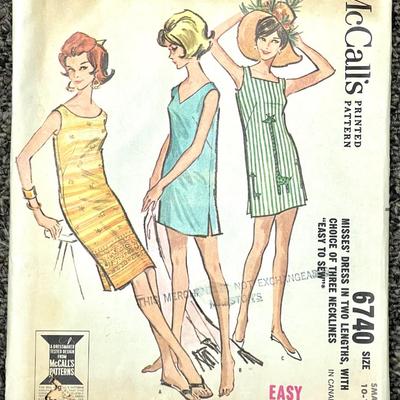 McCallâ€™s Missesâ€™ Dress in Two Lengths, with Choice of Three Necklines â€œEasy to Sewâ€ No. 6740 size small 10-12 1963