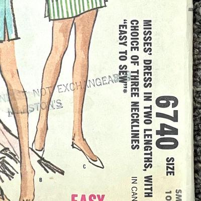 McCallâ€™s Missesâ€™ Dress in Two Lengths, with Choice of Three Necklines â€œEasy to Sewâ€ No. 6740 size small 10-12 1963