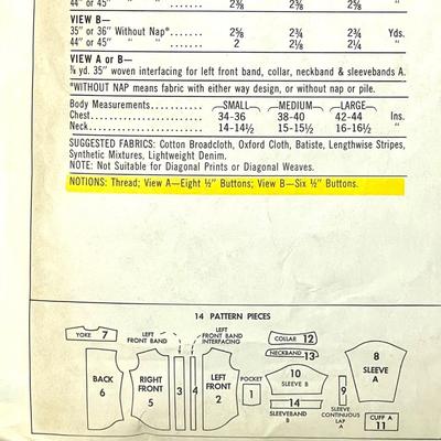 McCallâ€™s Step by Step No. 9681 size medium neck 15-15 1/2 chest 38-40 1969