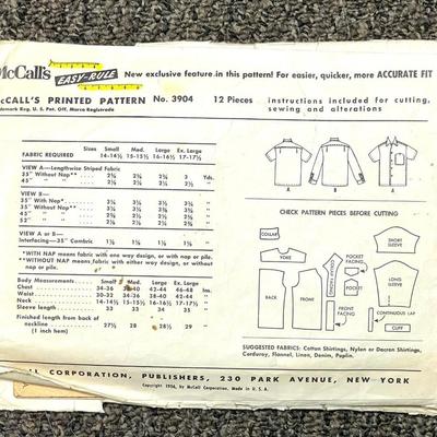 McCallâ€™s Menâ€™s Sports Shirt â€œEasy to Sewâ€ No. 3904 size medium 15-15 1/2 1956