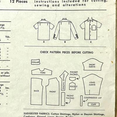 McCallâ€™s Menâ€™s Sports Shirt â€œEasy to Sewâ€ No. 3904 size medium 15-15 1/2 1956